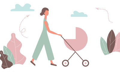 Happy mother on a walk with newborn in stroller. Woman pushing pram with child in park. Young mom with baby in pushchair isolated on white background in funky figures style. Vector illustration