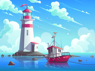 Fishing boat in the sea in front of lighthouse on the rock © nearbirds