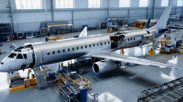 Expansive shot of a commercial jet production line, with various assembly stages, from fuselage attachment to wing and engine installation.
