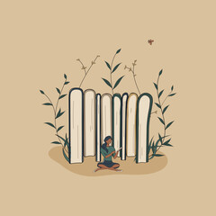 Concept:book is source of knowledge.Tiny african woman sit in Lotus-Pose near stack of books and read book.Pile of volumes as symbol of education.For library or bookstore.Hand drawn raster
