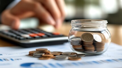 Businessman putting coins in jar on table background