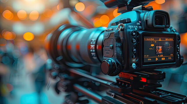 Close up of a professional camera with a large lens, focused on a blurred background of people and lights.