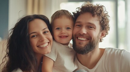 Fototapeta premium A Happy Family of Three, Featuring a Couple and Their Young Child, Sharing a Joyful Moment Indoors in a Sunlit Living Room During the Early Afternoon