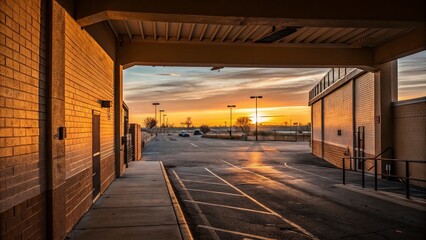 Naklejka premium Serene Sunset Passage on an Empty Parking Lot, Capturing the Golden Hour's Warm Glow and Architectural Elements of the Surrounding Urban Landscape