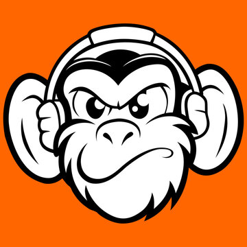 DJ Affe mit Kopfh&ouml;rern im minimalistischen Stil auf orangenem Hintergrund