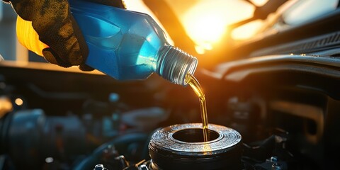 Pouring Engine Oil Into a Car\'s Engine at Sunset, Highlighting the Maintenance of Vehicle Performance and Care in an Outdoor Setting