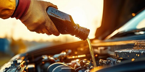A Mechanic Pours Fresh Oil Into an Engine Under the Warm Glow of Sunset, Highlighting the Essential Maintenance for Smooth Vehicle Operation