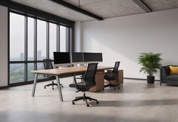Fototapeta premium A modern and industrial office space with a large shared desk, ergonomic chairs, and a minimalist design. Free space for logo or text