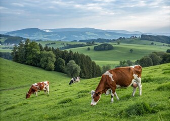 Naklejka premium Serene Weidemilch Cows Grazing Peacefully on Lush Green Pastures Under a Bright Blue Sky in a Picturesque Rural Landscape
