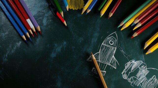 Colorful Pencils Surrounding a Chalk Drawing of a Rocket and Tree on a Dark Chalkboard, Depicting a Creative Environment for Children’s Artistic Exploration