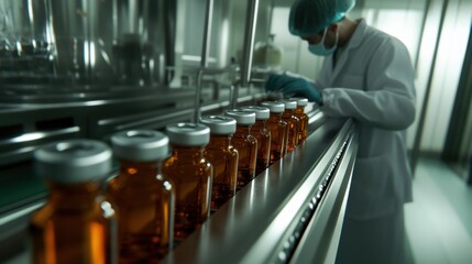 A Technician Carefully Inspects Vials Filled With Amber Liquid on a Production Line in a Pharmaceutical Clean Room During a Sterile Lab Operation