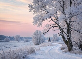 Obraz premium Serene Winter Landscape with Frosted Trees and Soft Snow Under a Pastel Sky, Perfect for Winter Decor or Seasonal Promotion in Nature Photography