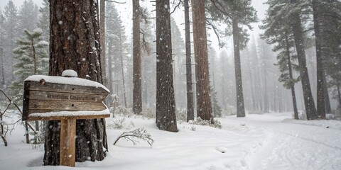 Serene Winter Landscape: Trees and Wooden Sign Blanketed in Snow with Gentle Snowflakes Descending, Capturing the Tranquility of a Snowy Winter Day