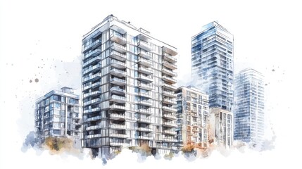 Watercolor Cityscape of Modern Buildings