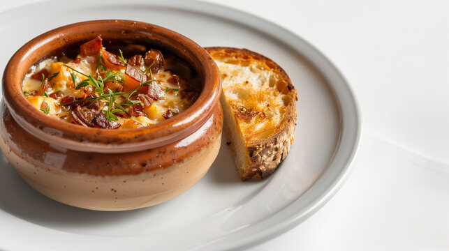 Traditional Portuguese A&ccedil;orda Dish in Terracotta Bowl with Toasted Bread Garnish - Authentic Cuisine Close-up
