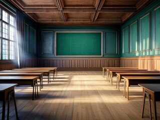 Fototapeta premium Spacious Empty Classroom Featuring Traditional Chalkboard and Wooden Furniture with Natural Light Streaming Through Large Windows
