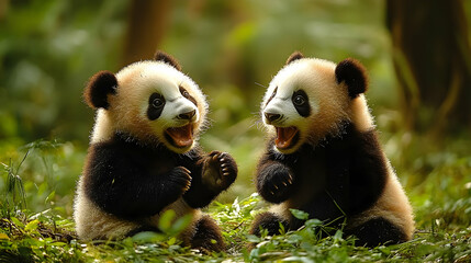 Obraz premium Two Happy Panda Cubs in a Forest - Photo