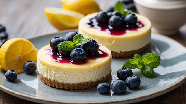 mouthwatering image of blueberry cheesecake on a plate, delicious dessert photography concept