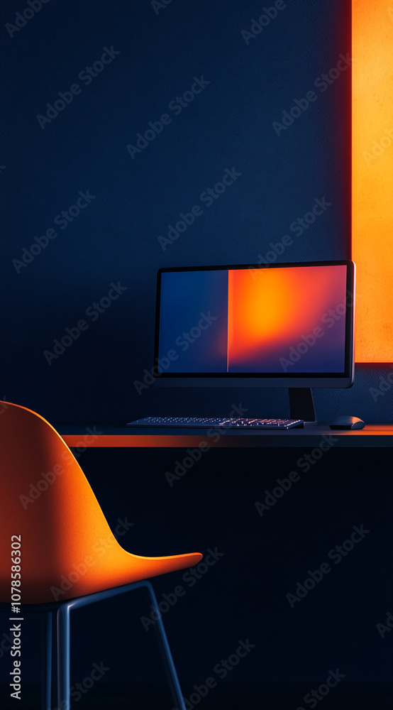 Aufkleber An orange chair sits in front of a computer desk with a monitor that is displaying an image of a sunset, reflecting the warm orange glow of the evening light
