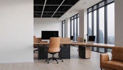 Fototapeta premium A sleek and modern office space with a minimalist design. The large windows offer stunning city views. Free space for logo or text