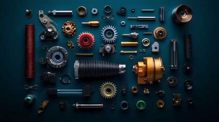 Disassembled Mechanical Parts Displayed on a Clean Surface for Standard V2 Performance Analysis and Inspection of Components and Assemblies