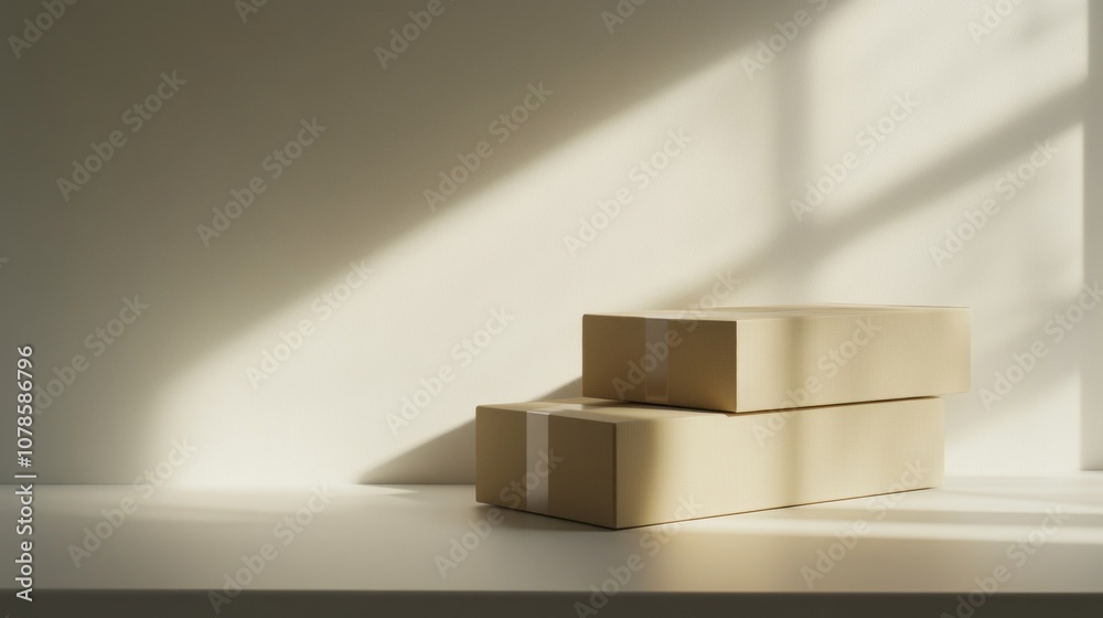 Poster Two cardboard boxes are stacked on top of each other on a white table