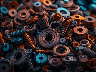 Detailed Close-Up of a Pile of Metal Washers, Nuts, and Bolts in Various Sizes and Shapes Highlighting Industrial Hardware for Creative Projects