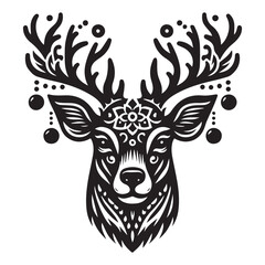 Majestic Christmas Deer with Ornate Antlers. Striking black and white illustration of a deer head with large antlers decorated with festive fir branches and Christmas ornaments.