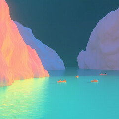 A tranquil cove with deep blue waters, limestone cliffs, sailboats, fishing boats, and kayaks, set in a Mediterranean scene with picnics on the pebbled beach and golden afternoon light.