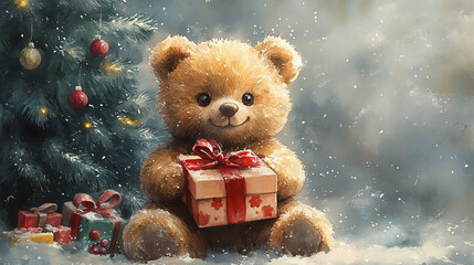 Adorable Christmas Teddy Bear with gift box in winter