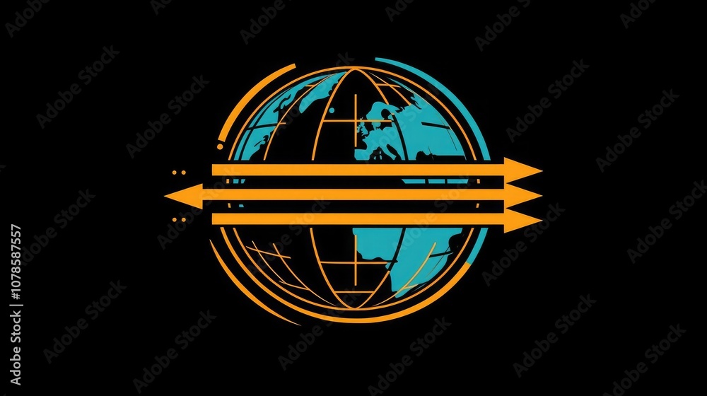 Poster a vector logo of a globe with arrows, symbolizing global transportation services.