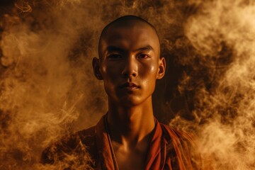 Focused monk in vibrant orange robes stands with golden smoky background, symbolizing calm and spirituality in dramatic setting