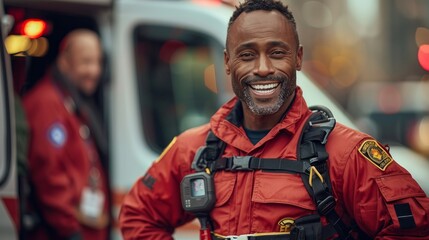 A smiling African-American paramedic in uniform standing in front of an ambulance.
