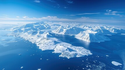 Fototapeta premium Big icebergs in the ocean. Blue sea and blue sky at dawn. Glaciers. Climate change