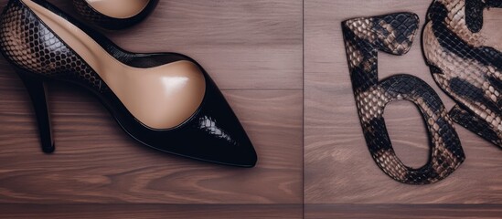Obraz premium A pair of black high heel shoes with snake skin pattern on a wooden background.