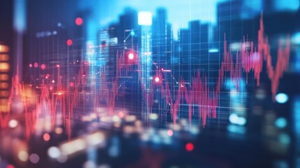 Obraz premium A blurred cityscape with an overlay of a red and blue stock market chart.