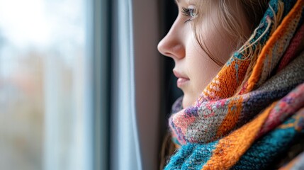 Woman in Colorful Scarf Looking Out the Window