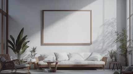 Fototapeta premium Poster Mockup im modernen Wohnzimmer – fotorealistisches 3D-Rendering für Bildplatzierung