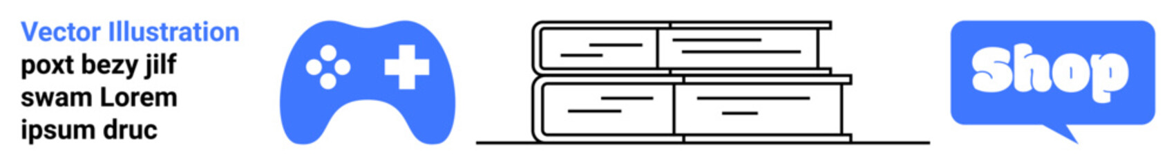 Blue game controller white cross icon stacked books black outlines speech bubble white text sample text. Ideal for education online stores gaming shopping websites promotional materials internet ads