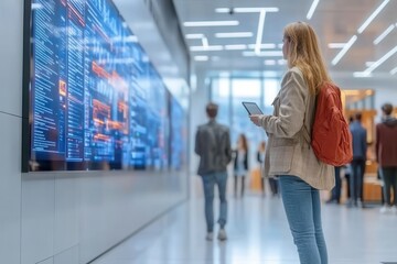 A young woman engages with a large digital screen while others walk nearby.