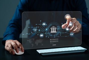 Businessman using banking and online payment services on laptop. Finance and banking network. Online shopping and customer network connection icons. Business technology.