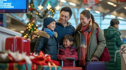 Fototapeta premium Family of Four Arriving at Airport for the Holidays – Festive Travel Scene with Christmas Decorations and Holiday Excitement