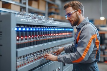 A technician adjusts settings on a control panel with glowing indicators in a workshop.