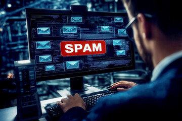 close up of Cyber security Expert Monitoring SPAM Emails on Computer Screen in a Network Operations Center