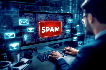 Man monitoring spam emails on computer screen in cyber security environment