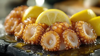 Close-up of grilled octopus tentacles with lemon wedges on a slate plate.