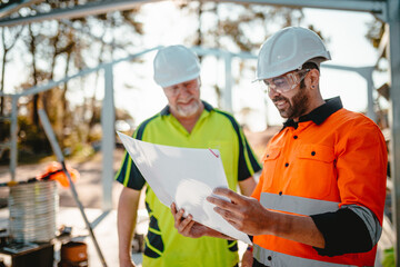 Builders in hardhats looking on the blueprints on construction site