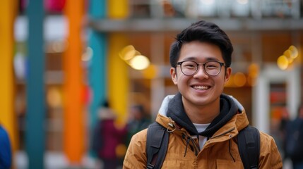 Fototapeta premium Against a vivid background, a young Asian scholar smiles, embodying the joy of learning and personal development