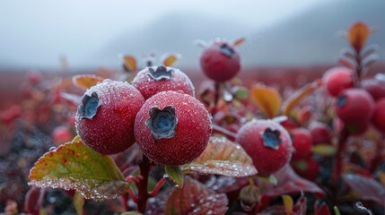Fototapeta premium Close-up of red berries with frost on a cold morning, with a foggy background.