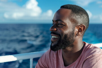 Fototapeta premium AI generated photo of happy attractive man spend vacation on cruise